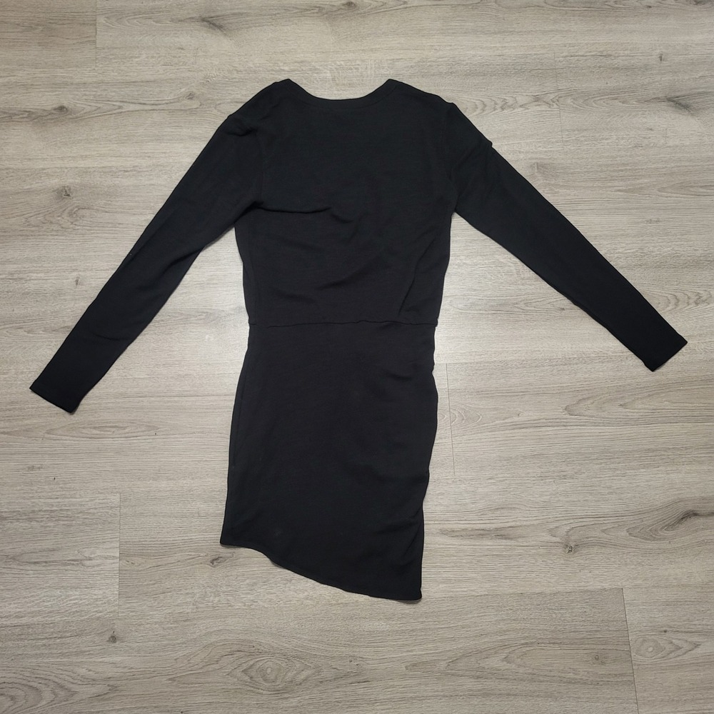 MONROW Supersoft Black V Neck Long Sleeve Tie Waist Ruched Mini Dress Small - Picture 8 of 10
